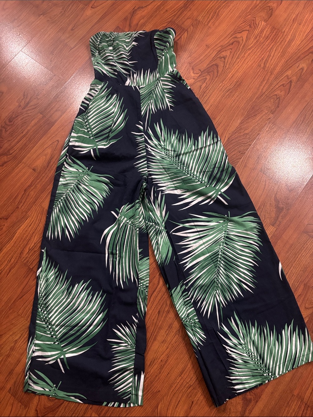 Petal Roz Black Strapless Tropical Leaf Wide-Leg Jumpsuit